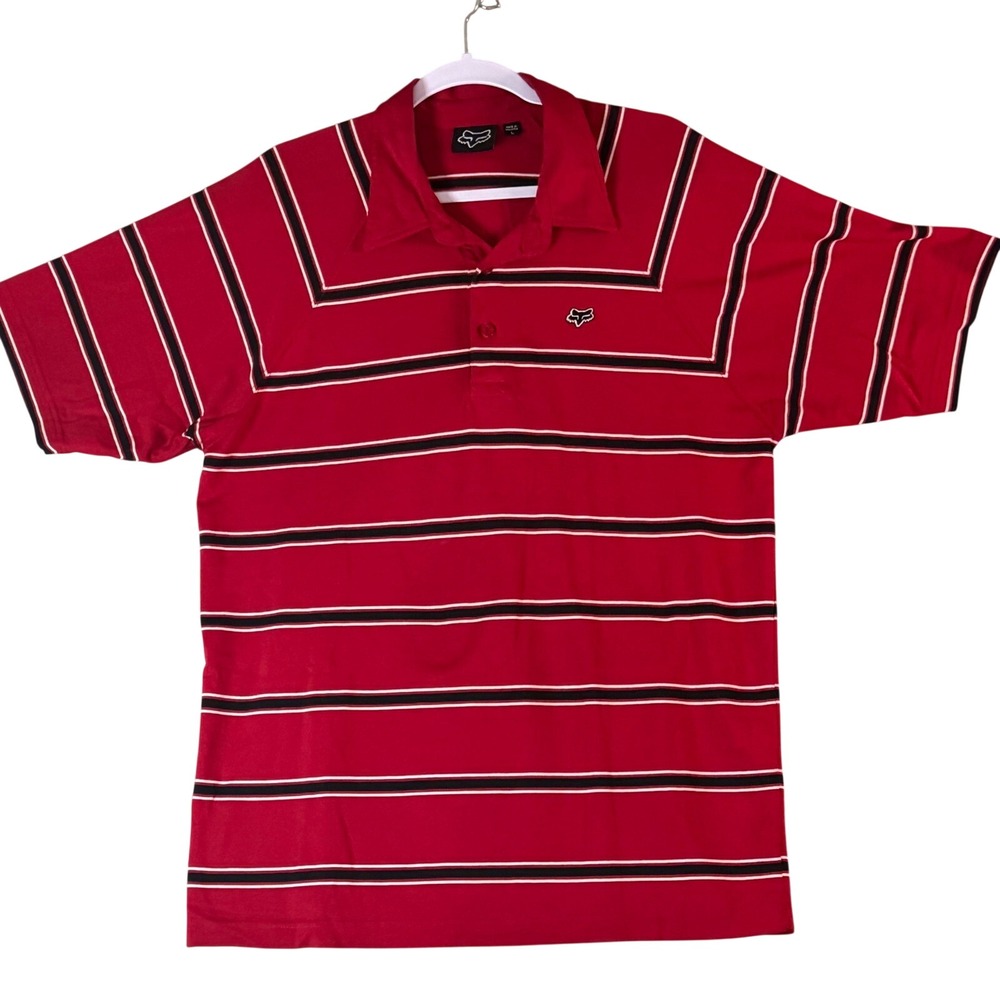 Fox Racing Mens Large Red Striped Short Sleeve Cotton Polo Shirt BJA07
